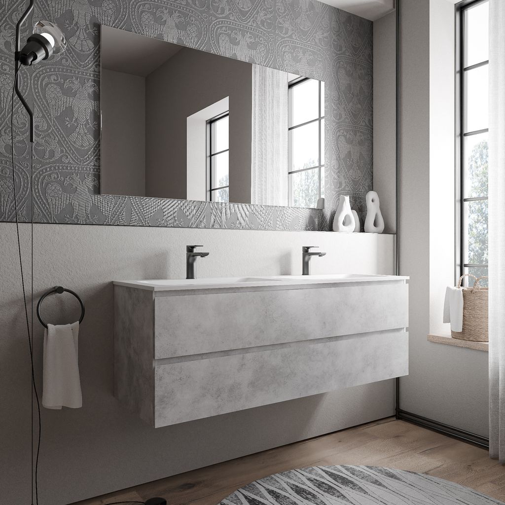 Unterschrank AVA 140 cm mit Mineralguss Waschbecken CREAM - Farbe wählbar, Auswahl Waschbecken:Weiß matt mit Hahnloch, Farbe Badmöbel:Beton