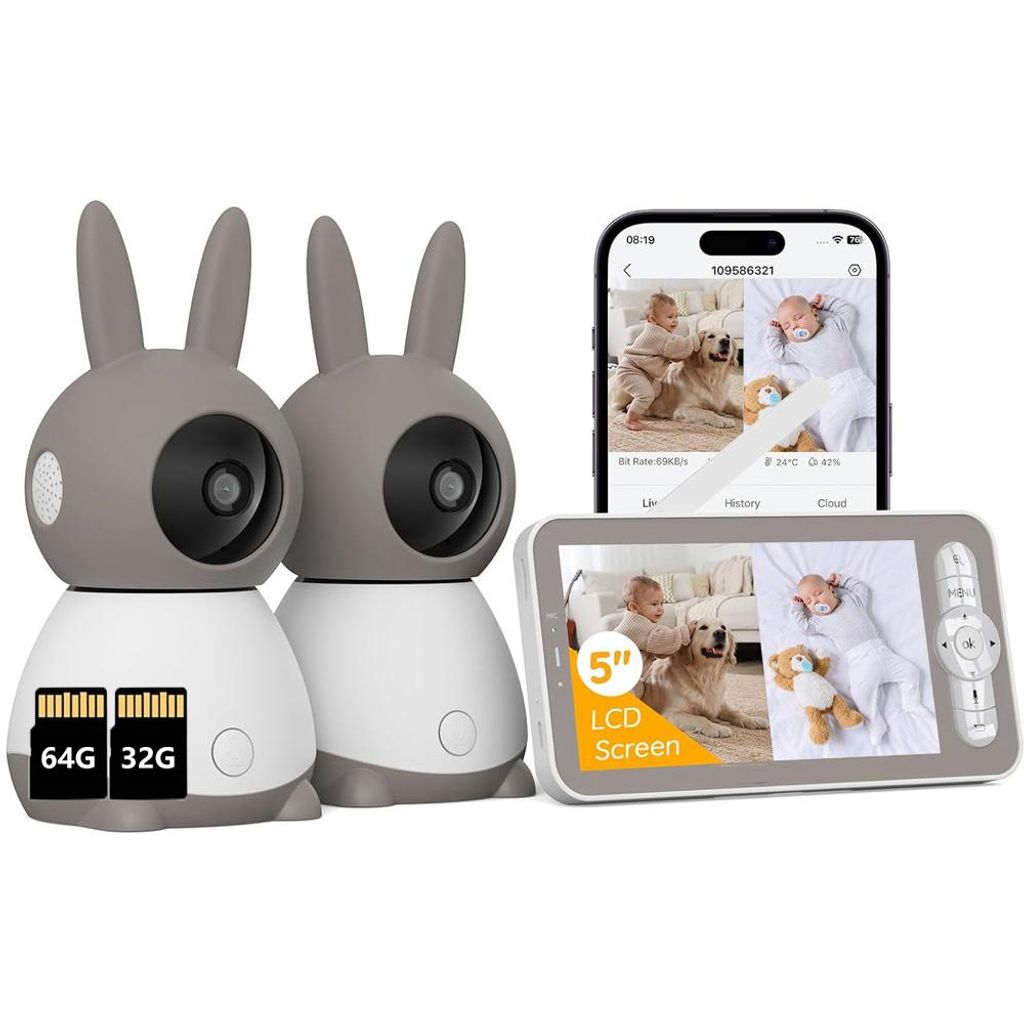 Babyphone mit 2 Kameras und APP 2K/5,0 Zoll WLAN Babyfon mit Split-Screen PTZ 360° 4× Zoom IR-Nachtsicht Automatische Verfolgung mit 32G & 64G Karte