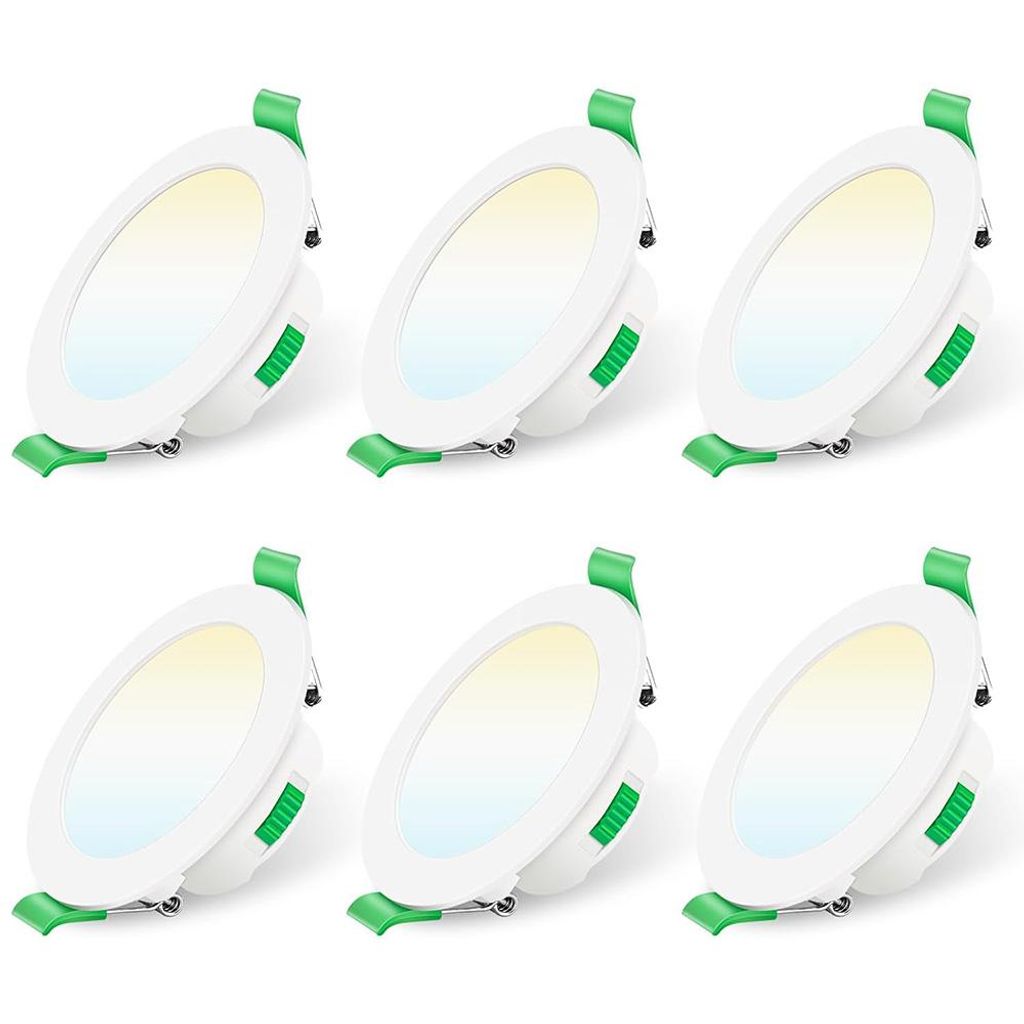 Six white LED downlights with green clips are arranged in two rows of three against a white background.