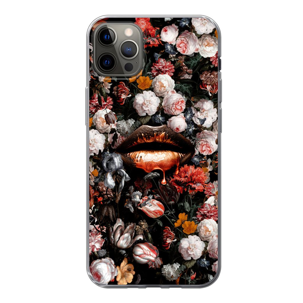 MuchoWow Handyhülle Schutzhülle Hülle für iPhone 13 Pro Max Lippen - Blumen - Farbe - Orange - Kunst - Abstrakt - Alte Meister Silikon Softca...