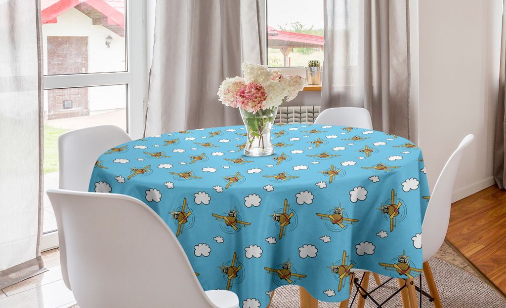 ABAKUHAUS Karikatur Runde Tischdecke, Wolken und Flugzeug-Pilot, Kreis Tischdecke Abdeckung für Esszimmer Küche Dekoration, 150 cm, Sky Blue Pale...