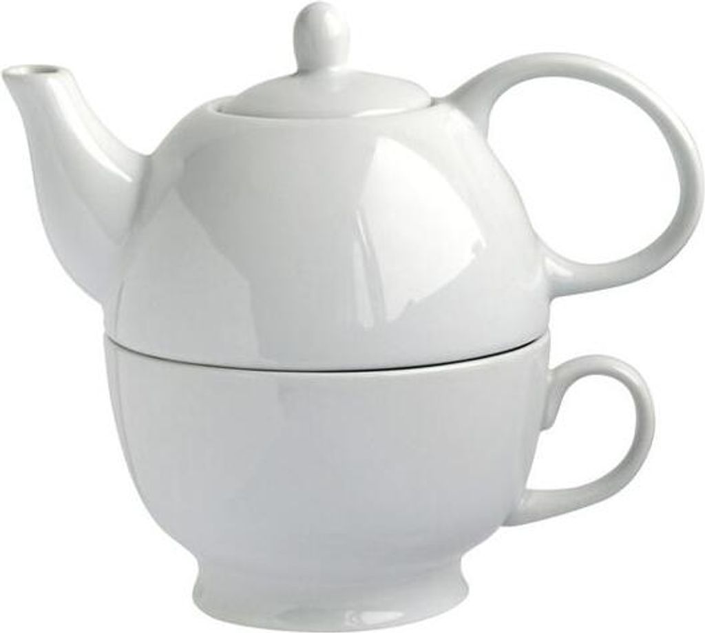A white porcelain teapot stacked on top of a matching cup.
