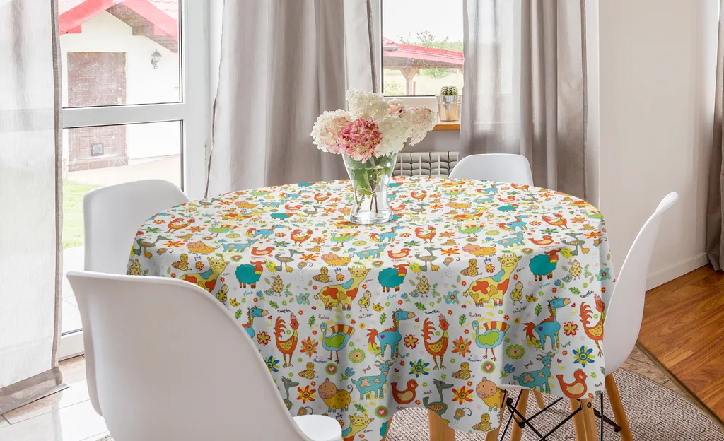 ABAKUHAUS Tovaglia rotonda con animali, allegri animali della fattoria, tovaglia circolare per decorare la sala da pranzo e la cucina, 150 cm, multicolore