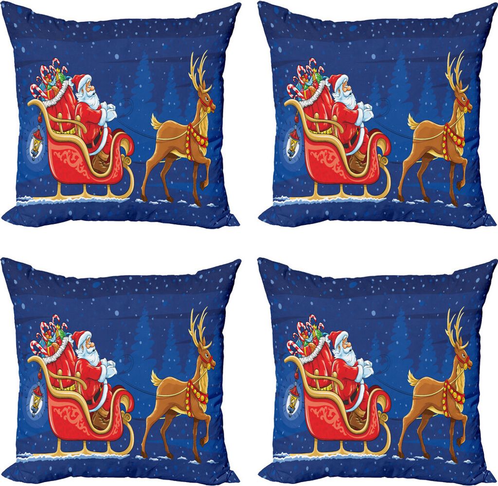 ABAKUHAUS Weihnachtsmann Kissenbezug Set (4 Stück), Bewegen Sie sich auf Schlitten in der Nacht, Moderner Doppelseitiger Digitaldruck, 60 cm x 60 ...