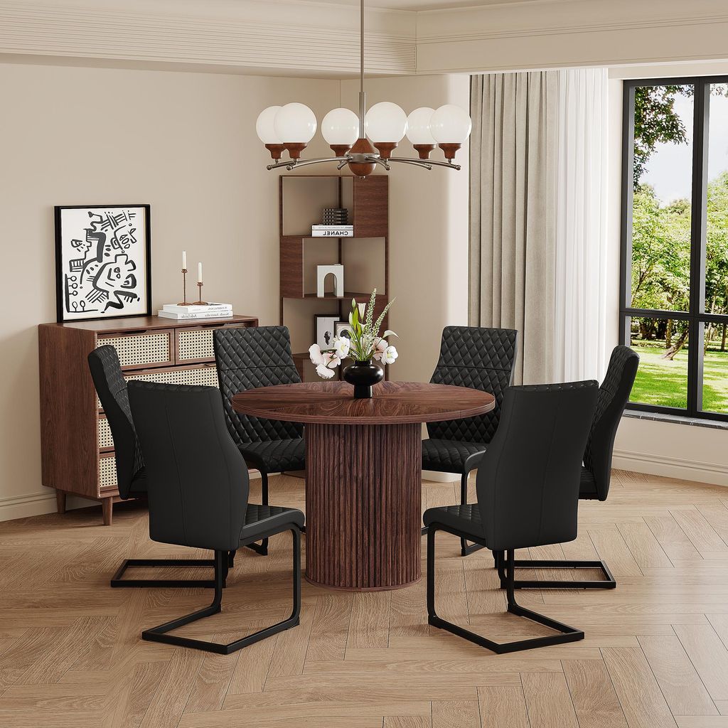 Esstisch Set Rund Ø 100cm Nussbaum-Optik mit 6 Esszimmerstühlen Schwarz, MDF 2,5cm Platte, Zylinder-Beine, Modernes Esszimmerset Sitzgruppe Platz...