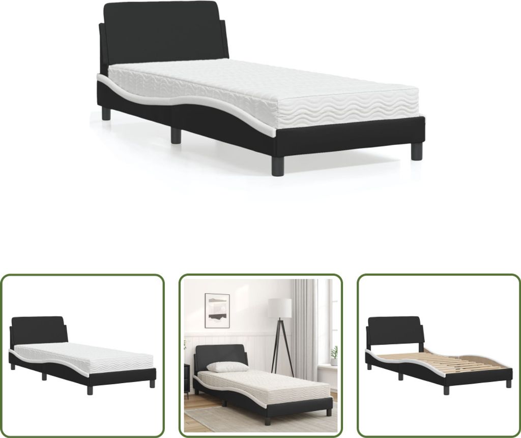 The Living Store Bett mit Matratze Schwarz und Weiß 90x190 cm Kunstleder