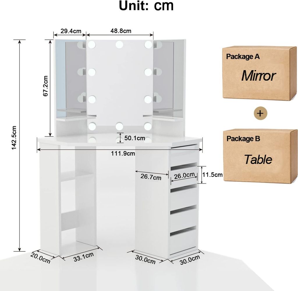 Schminktisch Mit LED-Spiegel & Steckdose – Weiß, 5 Schubladen, 80x36x130 Cm
