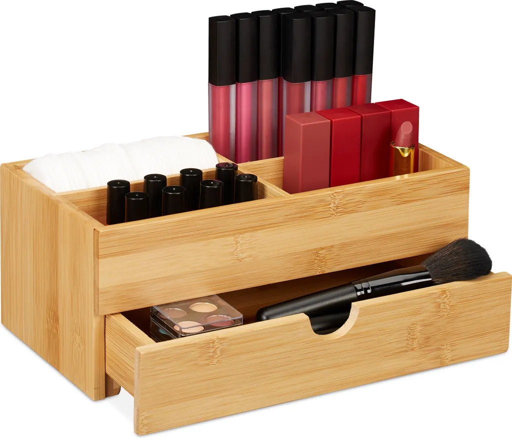 Rehomy Organizer In Bambù Con Serratura A Codice - 2 Contenitori In Vetro E Pennello - Scatola Multiuso 25x18x10 Cm