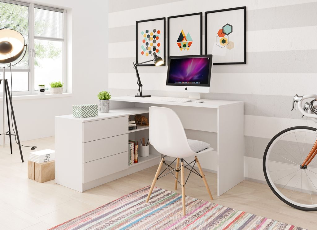 Schreibtisch 140 cm Tala - Computertisch mit Schrank - Schubladen, Universal Montage - Modern Bürotisch (Weiß)