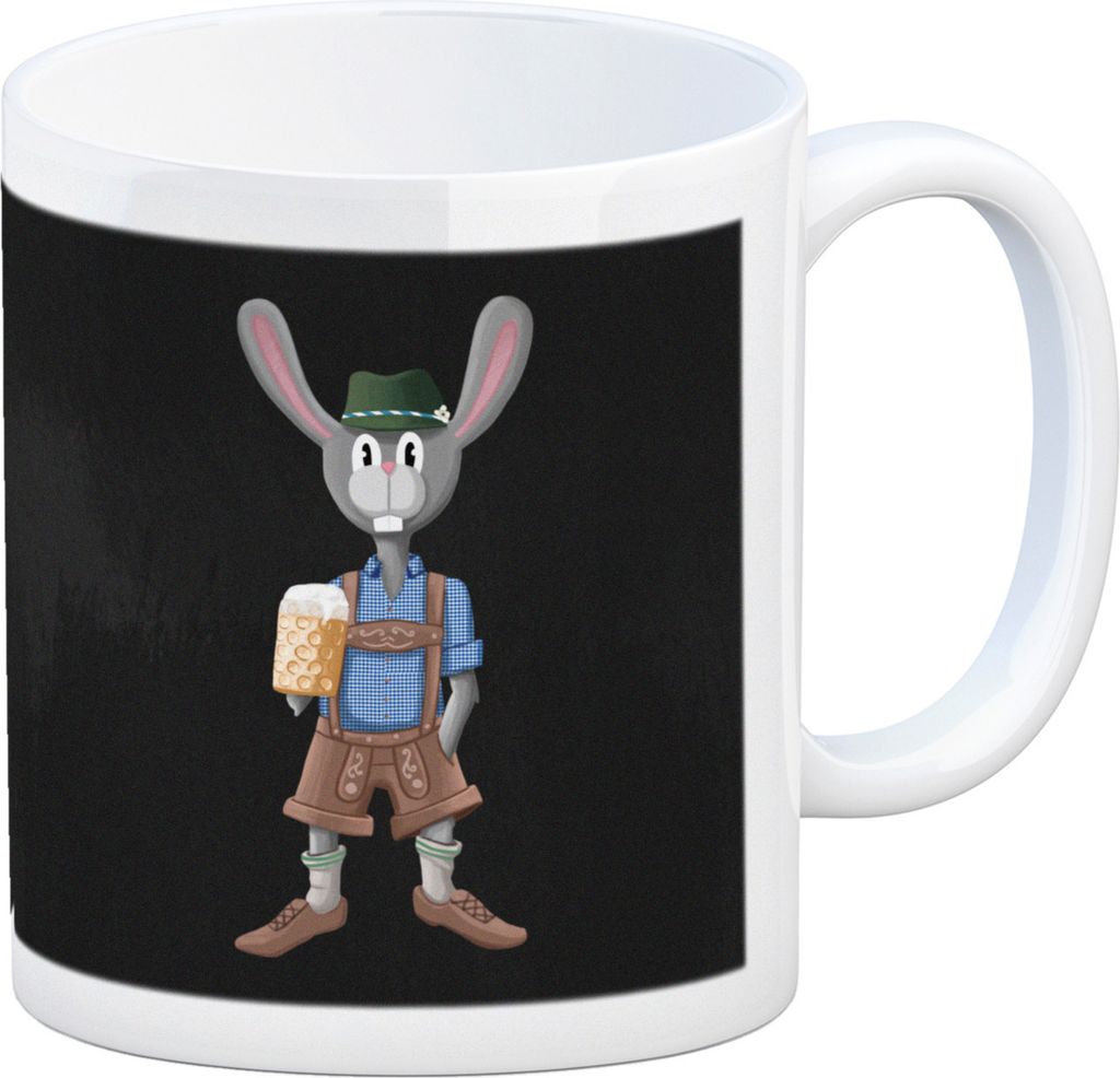 Süffige Ostern Kaffeetasse mit bayerischem Osterhasen in Lederhosen