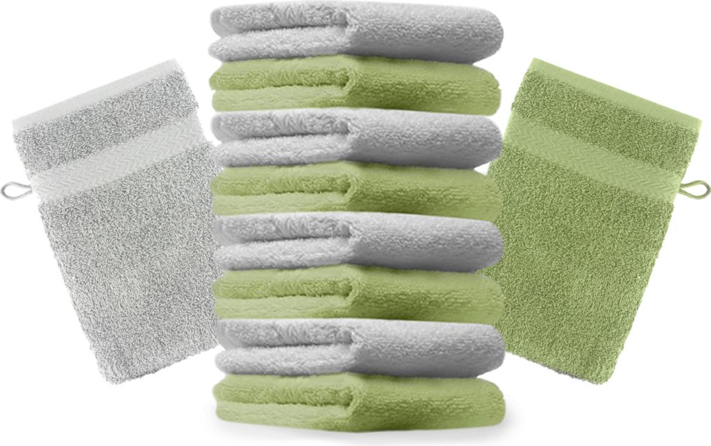 Betz 10 Stück Waschhandschuhe 16x21 cm PREMIUM 100% Baumwolle Farbe: apfelgrün und silbergrau