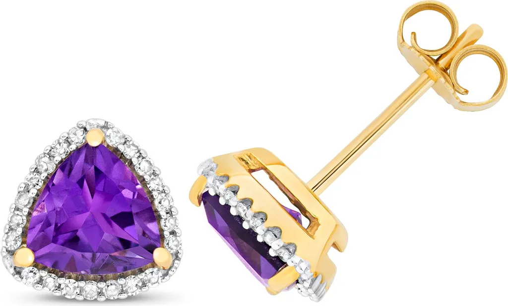 Puces d'oreilles en Or jaune avec Améthyste carrée et Diamants 0.14 ct