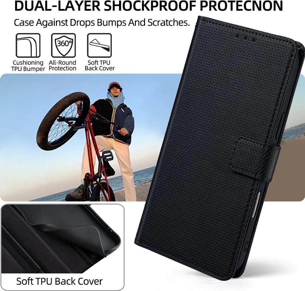 INF Custodia a libro per iPhone 15 Pro Max, PU+TPU, nera, con supporto e porta carte - 3