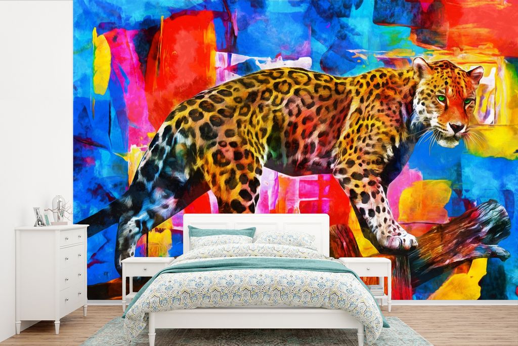 MuchoWow Fototapete für Wohnzimmer oder Schlafzimmer Wandtapete Vinyl Motivtapete Malerei - Panther - Ölfarbe - Farben - Tiere - 330x220 cm - F...