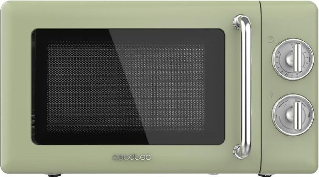 A retro-style green microwave oven is shown against a white background.