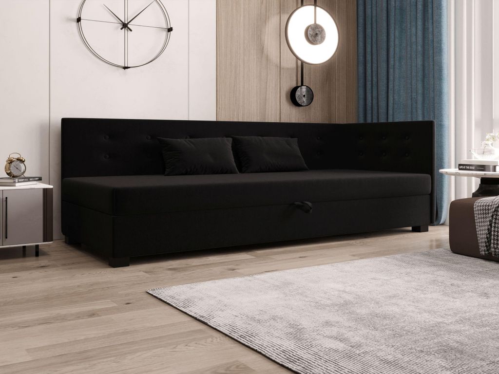AURA SOFA Boxspringbett OLAF PLUS 100x195 Komplett-Set mit Bonell Matratze, Polsterbett mit Bettkästen - Schwarz, SAWANA 14