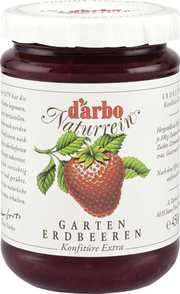 A jar of Darbo strawberry jam with a label showing a strawberry and text.