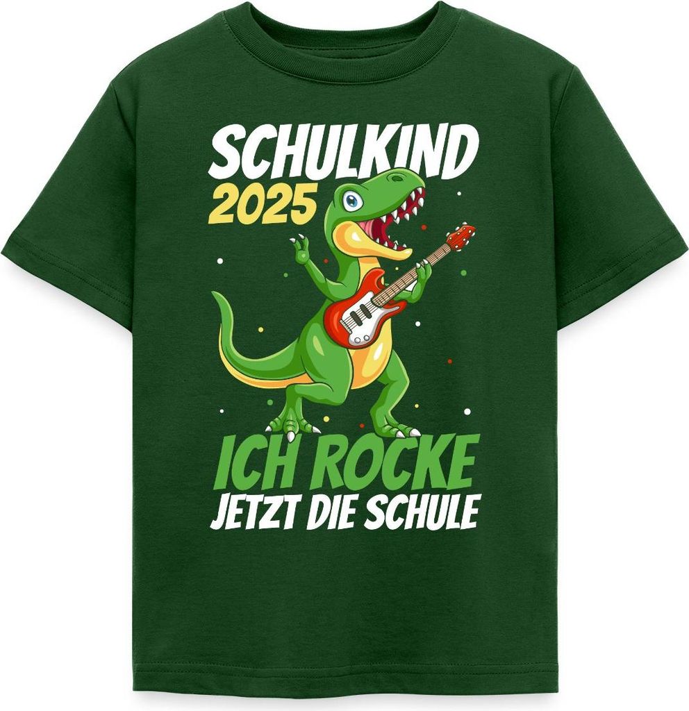 Spreadshirt Schulanfang 2025 Dino Rockt Die Schule Kinder T-Shirt, 122/128 (7-8 Jahre), Forstgrün