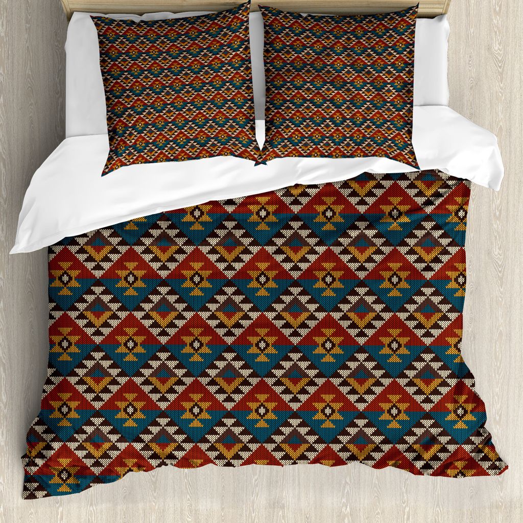 ABAKUHAUS Geometrisch Bettbezug, Kunstdesign, Milbensicher Allergiker geeignet mit Kissenbezügen, 155 cm x 220 cm - 80 x 80 cm, Petrol Blau Zimt