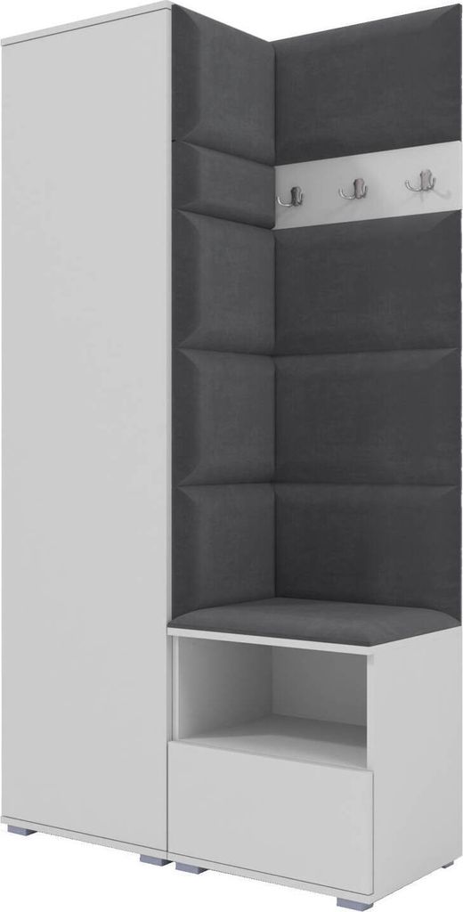 Garderoben-Set Nela I, Polstergarderobe mit Schuhschrank, Dielenmöbel-Set (Farbe: Weiß + Trinity 15 (Dunkelgrau))