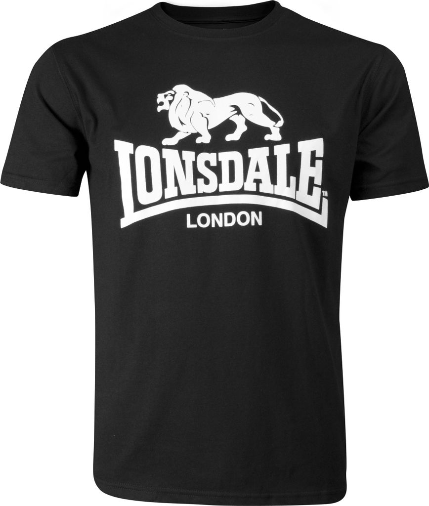 A black t-shirt with a white Lonsdale London logo and lion graphic.