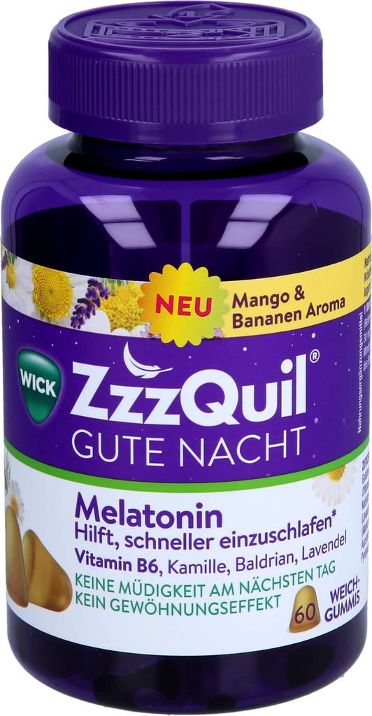 WICK ZzzQuil Gute Nacht Weichgummis mit Melatonin Mango & Produktbild 