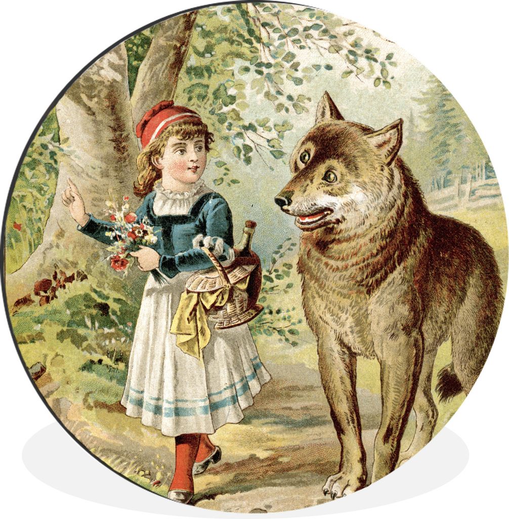 MuchoWow Aluminium Wandkreis Wolf - Rotkäppchen - Wald Ø 90 cm Wanddeko Modern Wohnzimmer - Mauerkreis - Wandbilder - Runde Bild - Bild aus Alu...