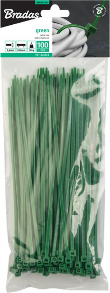 BRADAS Stahovací pásky na vodiče 2,5 x 200 mm 100 ks GREEN Obrázek produktu 