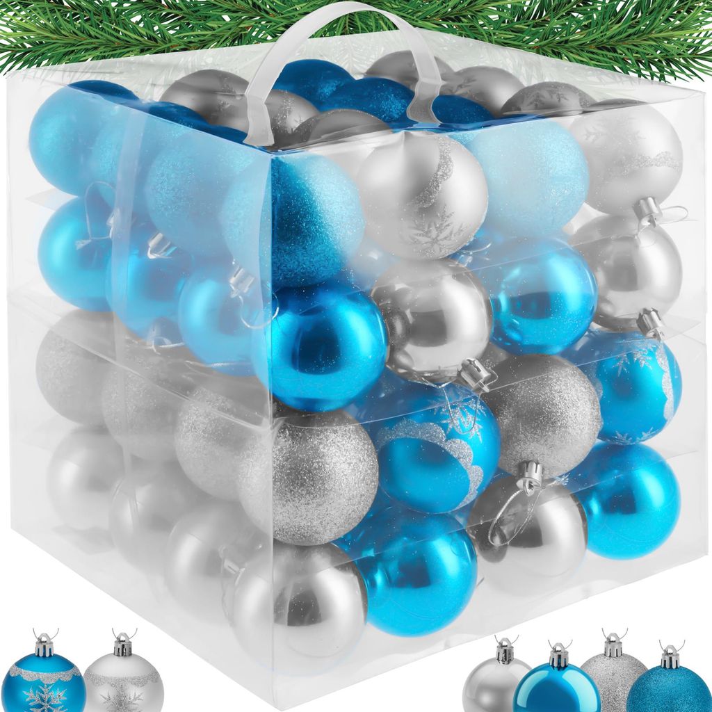 tectake® Weihnachtskugeln 64er-Set in SIlber und Blau Produktbild 