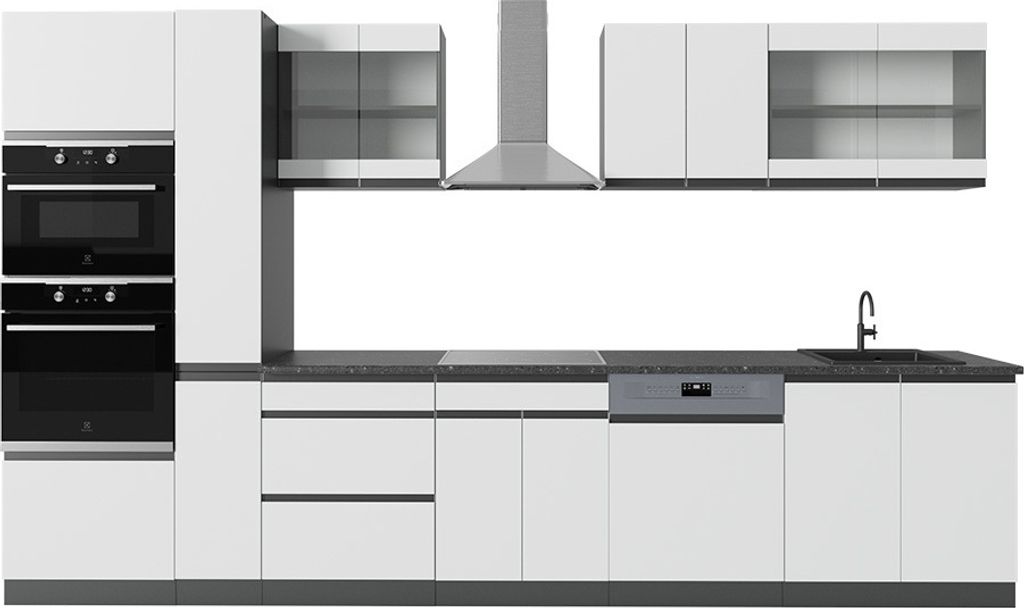 Küchenzeile Vicco R-Line Weiß/Anthrazit 350 cm J-Shape, mit Hochschrank, ohne Arbeitsplatte, Model 39846