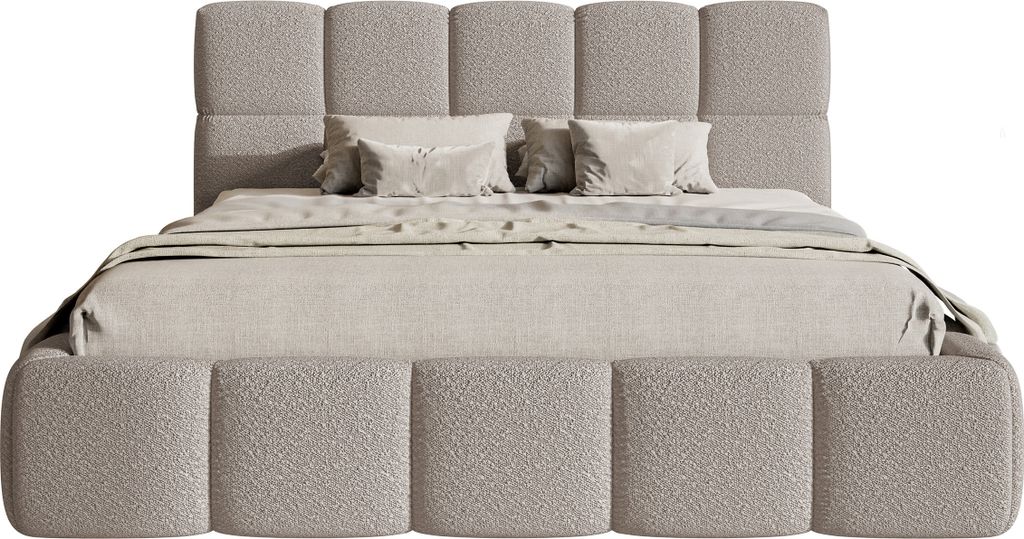 A bed with a upholstered frame and headboard, shown from the front.