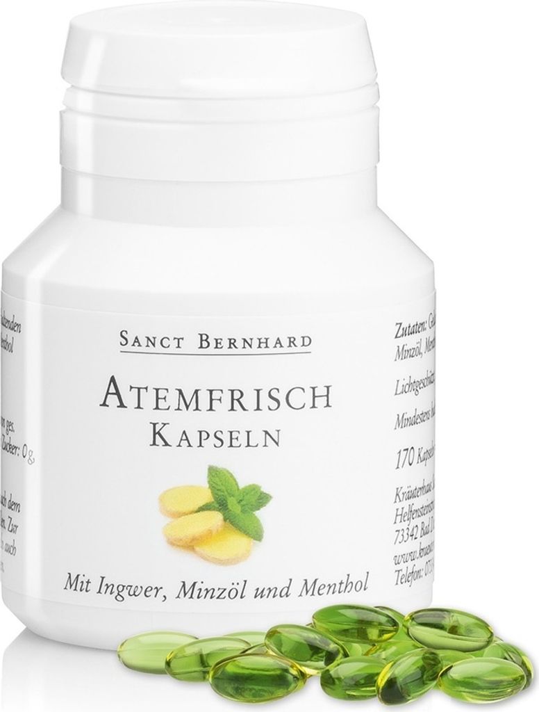 A white bottle of Sanct Bernhard Atemfrisch-Kapseln with some capsules scattered in front.
