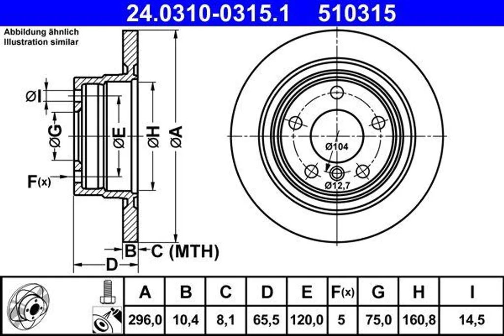 Disque de frein ATE 24.0310-0315.1 pour BMW Série 1 E81 E87 et Série 3 E90