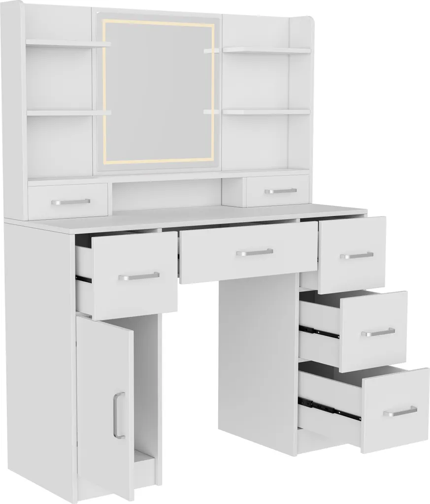 Coiffeuse Blanche pour Chambre avec Prises Intégrées et Miroir LED 3 Tons - 5