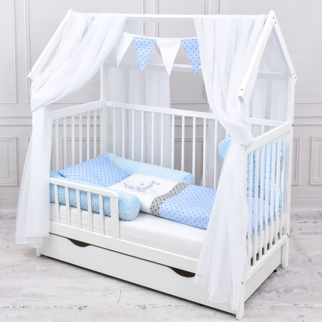 Baby-Delux Hausbett Kinderbett Gitterbett weiß 60x120 Beißschienen Schublade Schutzgitter Matratze Bett Set Prince Stars
