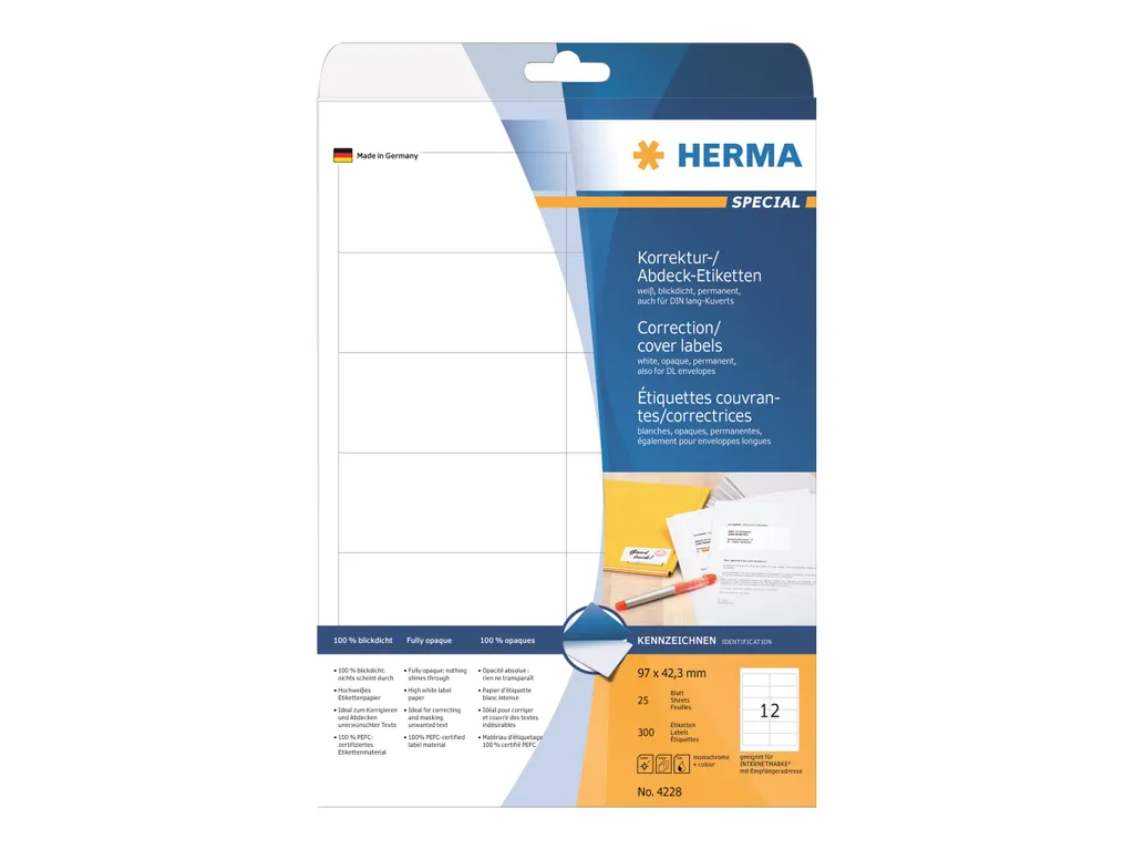 Etichette di Correzione HERMA 4228 - 97x42,3 mm - Bianco Opaco 100%