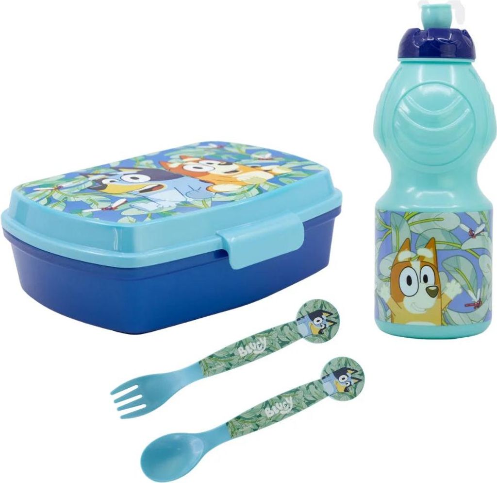 Bluey Bingo Kinder 4 teiliges Set Brotdose Trinkflasche Besteck