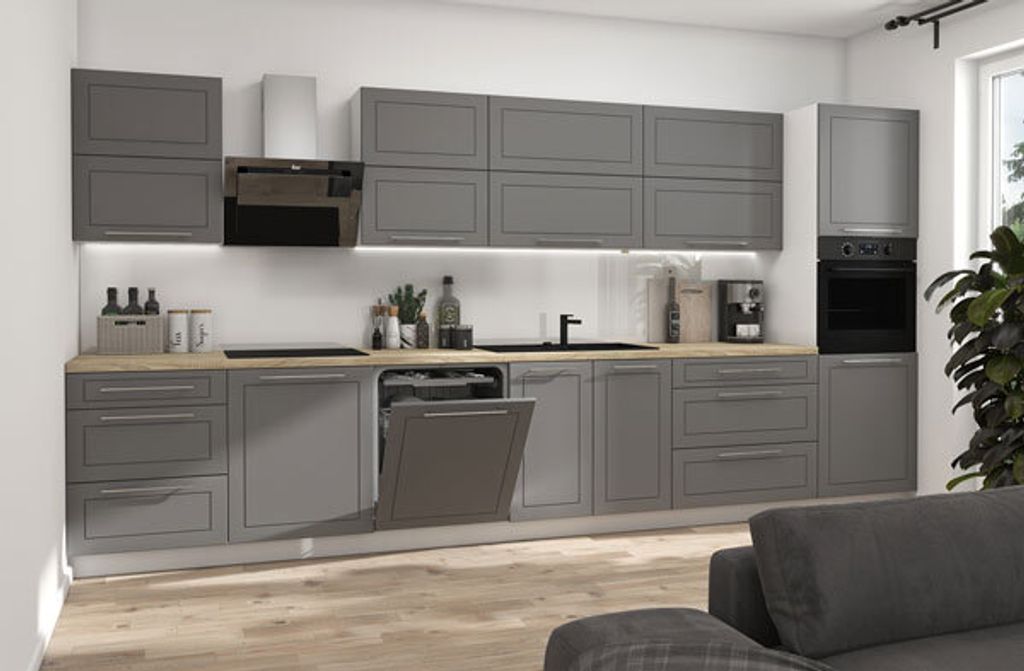Küchenzeile KVANTUM 400cm Hochfaltklappe weiß Fronten MDF dust grey matt REJS Vollauszug