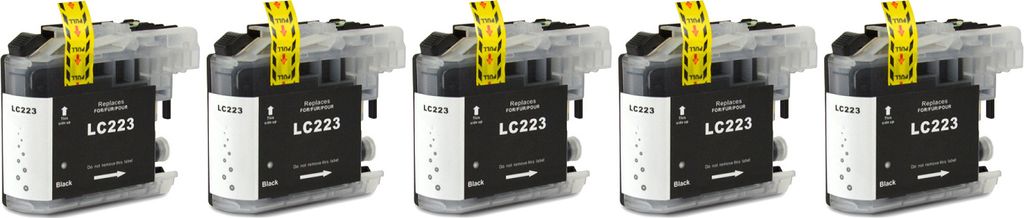 Five black ink cartridges are lined up against a white background.