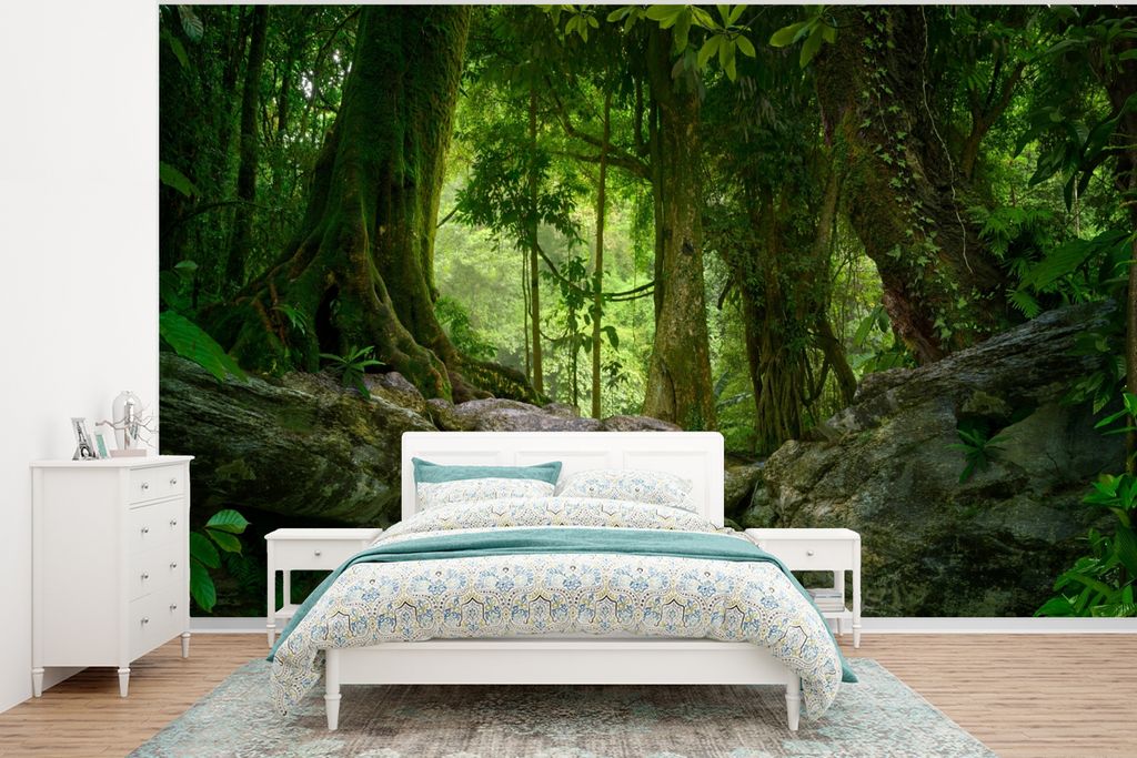 MuchoWow Fototapete für Wohnzimmer oder Schlafzimmer Wandtapete Vinyl Motivtapete Dschungel - Steine - Wasser - Natur - Pflanzen - 295x220 cm - ...