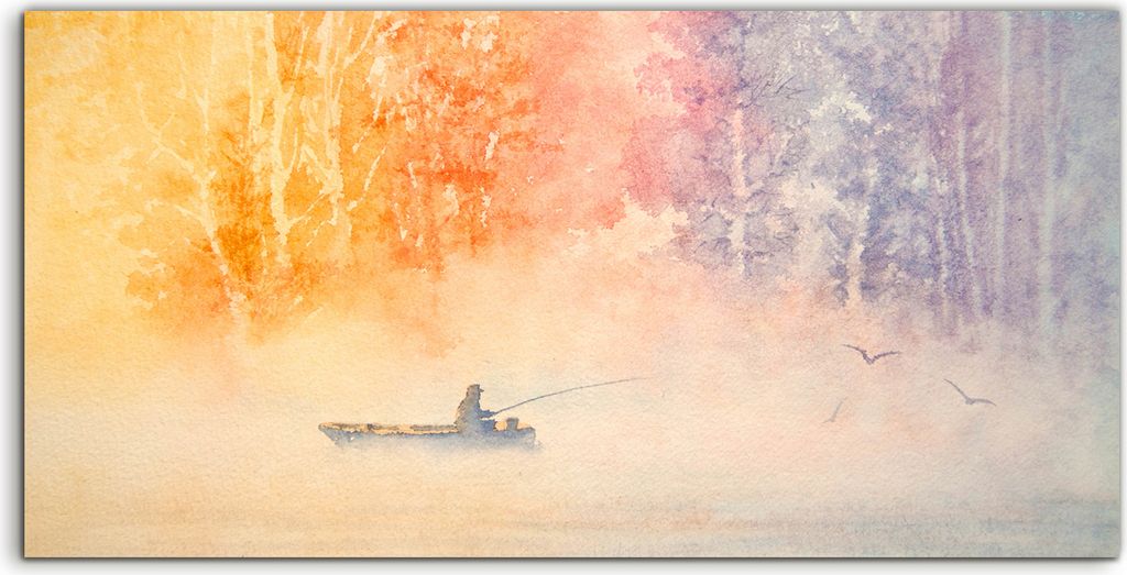 Coloray Spritzschutz aus Glas 120x60 Wandkunst Küchenrückwand Aquarell Fischer Boot Angel Landschaft