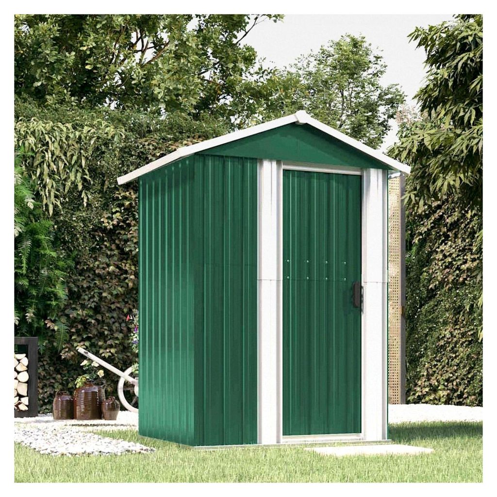 Gartenschuppen aus verzinktem Stahl, grün, 126 x 97,5 x 177 cm, mit Schiebetür und Schrägdach für Patio und Terrasse