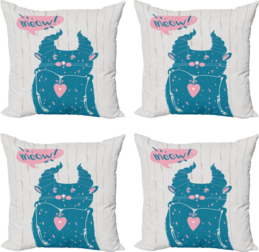 ABAKUHAUS Bunt Kissenbezug Set (4 Stück), Meow-Katzen-Sprechblase, Moderner Doppelseitiger Digitaldruck, 50 cm x 50 cm, Dunkle Türkis Hellrosa
