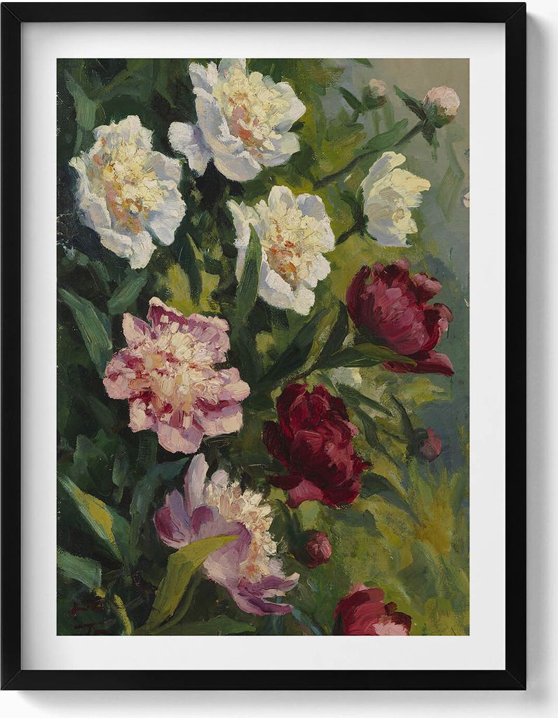 Gemalte schöne Blumen– Wandbild mit Rahmen – Gerahmtes Bild – Wanddekoration – 60x80 cm – Schwarz Rahmen