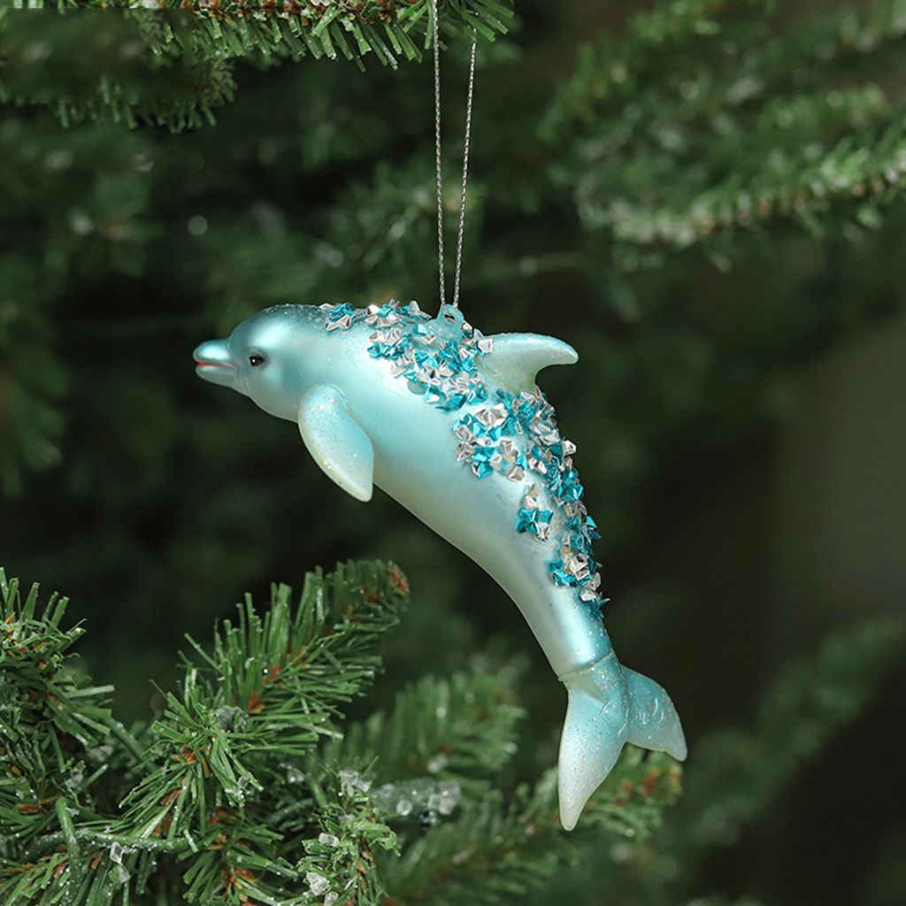 Weihnachtsdekoration, blauer Delfin, glitzernd, aus Glas, glänzend, wiederverwendbar, Weihnachtsdeko, Weihnachtsbaum, zum Aufhängen, 3D-Tier-Orna...