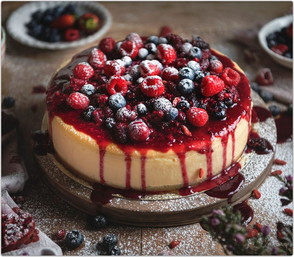 Spritzschutz Herdabdeckplatte Schneidebrett aus Glas Käsekuchen mit Beeren 1-Teilig (60x52cm)