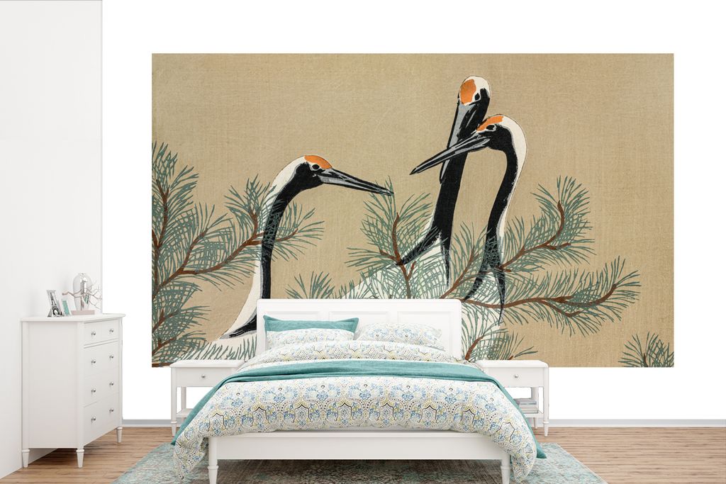 MuchoWow Fototapete für Wohnzimmer oder Schlafzimmer Wandtapete Vinyl Motivtapete Kranich - Blätter - Vintage - Japanisch - Skandinavisch - 420...