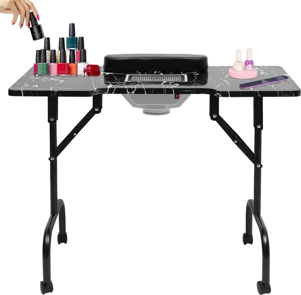Manikürtisch / Nageltisch - Klappbarer Tisch - Staubabsaugung 2800 U/min - Feststellrollen (4) - Kunstmarmor-Tischplatte - 94×48×72 cm - 30–40...