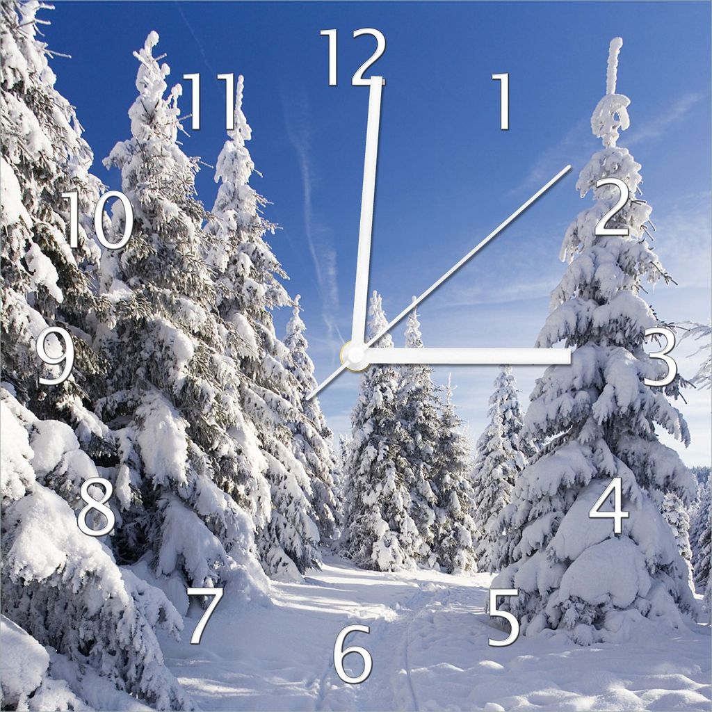 Wallario Design Wanduhr Wanderweg im Schnee aus Echtglas, Größe 30 x 30 cm