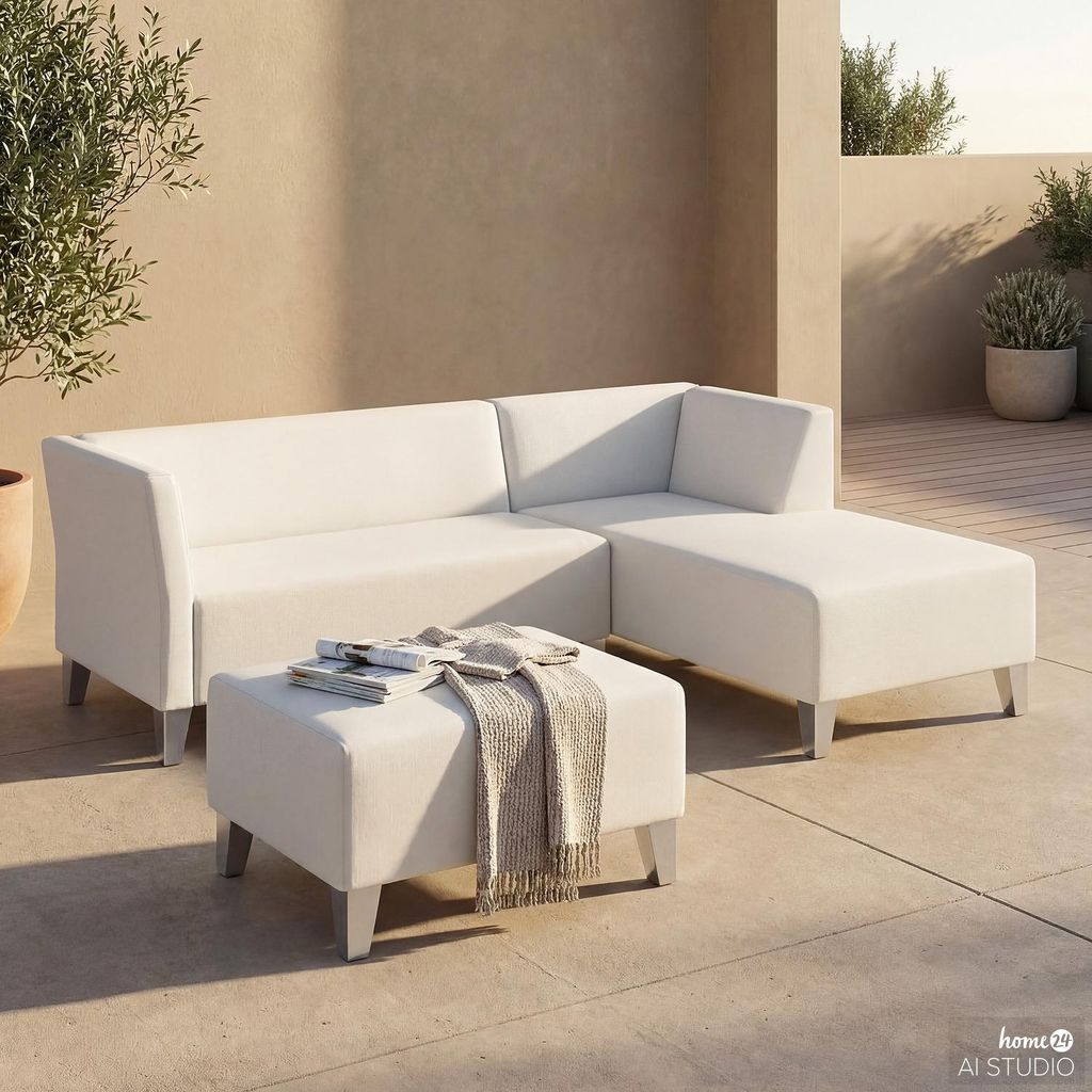 home24 Outdoor-Ecksofa mit Hocker - Creme